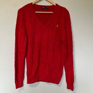 Polo by Ralph Lauren Red V-Neck Gold Logo Sweater